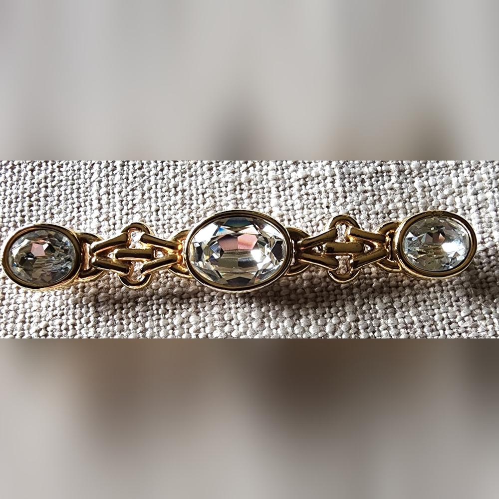 Vintage Monet Gold-Tone Clear Crystal Rhinestone Bar Brooch. 1990's